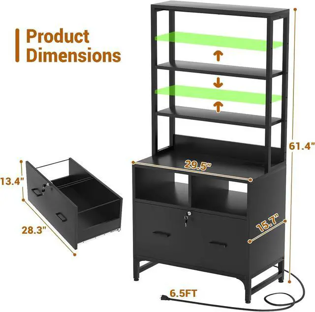 Alt view image 2 of 7 - File Cabinet with Charging Station, Vertical Filing Cabinet with Lock & Large Drawer, Printer Stand with Storage Shelves, Office Storage Cabinet fits Letter/A4/Legal Size, Black