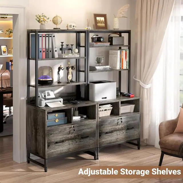 Alt view image 4 of 6 - File Cabinet with Charging Station, Vertical Filing Cabinet with Lock & Large Drawer, Printer Stand with Storage Shelves, Office Storage Cabinet fits Letter/A4/Legal Size, Gray