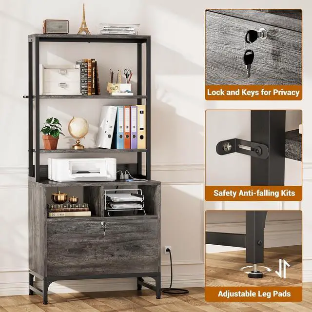 Alt view image 6 of 6 - File Cabinet with Charging Station, Vertical Filing Cabinet with Lock & Large Drawer, Printer Stand with Storage Shelves, Office Storage Cabinet fits Letter/A4/Legal Size, Gray