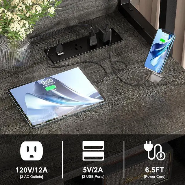 Alt view image 3 of 6 - File Cabinet with Charging Station, Vertical Filing Cabinet with Lock & Large Drawer, Printer Stand with Storage Shelves, Office Storage Cabinet fits Letter/A4/Legal Size, Gray