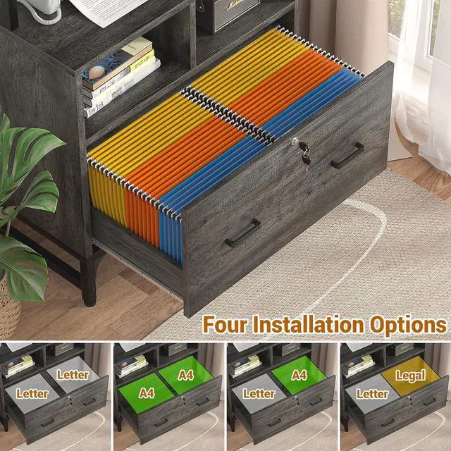 Alt view image 5 of 6 - File Cabinet with Charging Station, Vertical Filing Cabinet with Lock & Large Drawer, Printer Stand with Storage Shelves, Office Storage Cabinet fits Letter/A4/Legal Size, Gray