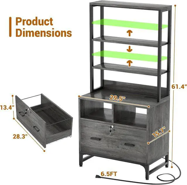 Alt view image 2 of 6 - File Cabinet with Charging Station, Vertical Filing Cabinet with Lock & Large Drawer, Printer Stand with Storage Shelves, Office Storage Cabinet fits Letter/A4/Legal Size, Gray