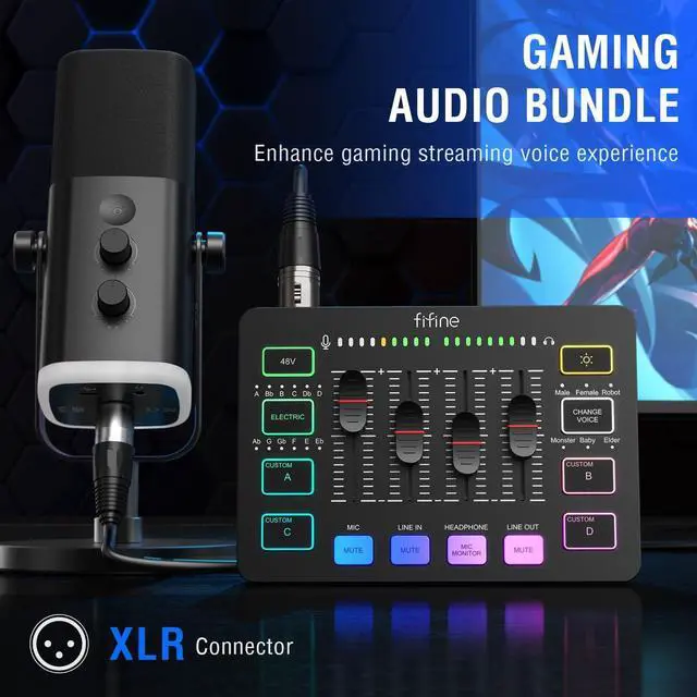 Alt view image 2 of 7 - FIFINE Gaming Equipment Bundle, Dynamic XLR/USB Gaming Microphone Set with Streaming Audio Mixer for Podcast Recording Video Vocal, RGB Gamer Set with Volume Fader/XLR Interface for PC-AmpliGame