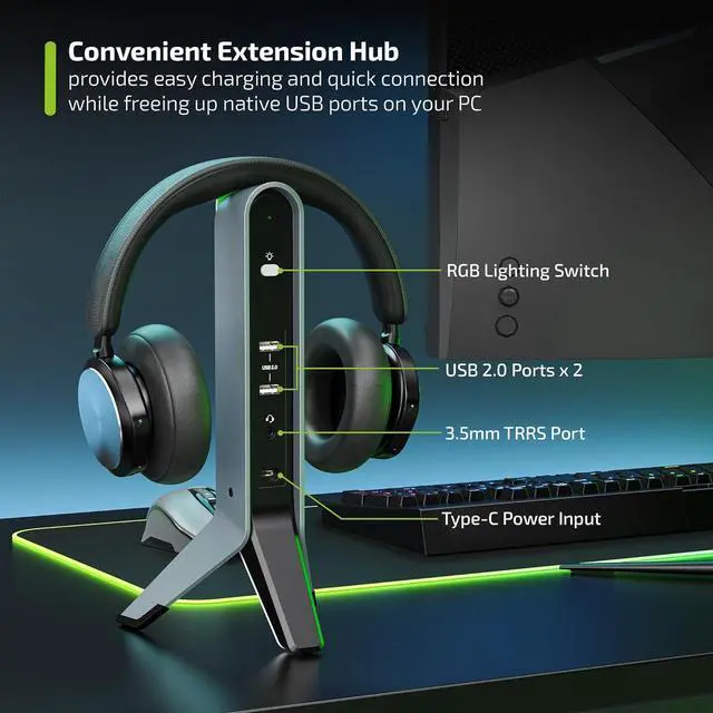 Alt view image 4 of 6 - White RGB Tripod Headphones Stand for Desk - Gaming Headset Stand - Aux - USB Ports - Suitable for Gamer Desktop Table Game Earphone Accessories