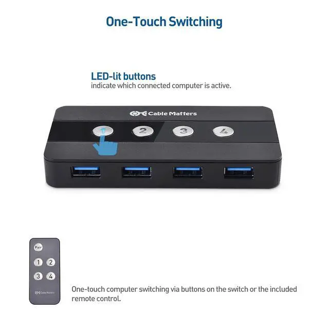 Alt view image 5 of 7 - Cable Matters 4 Port USB 3.0 Switch USB Sharing Switch for 4 Computers and USB Peripherals - Button or Wireless Remote Control Switching - Includes a USB-C Adapter for USB-C USB4 and Thunderbolt 4