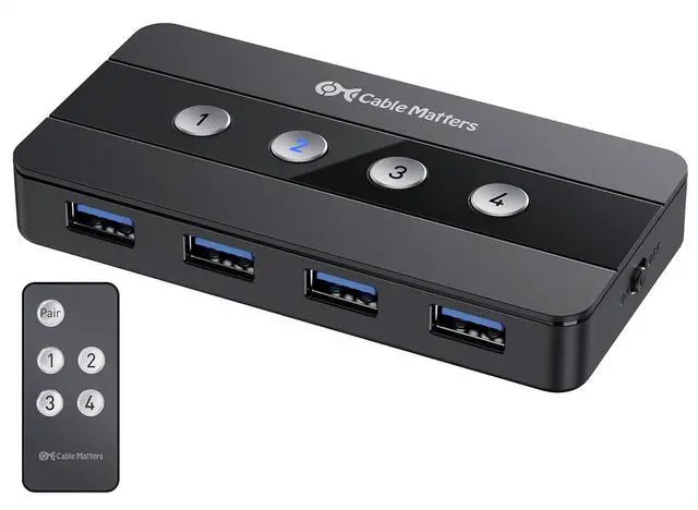 Main image of Cable Matters 4 Port USB 3.0 Switch USB Sharing Switch for 4 Computers and USB Peripherals - Button or Wireless Remote Control Switching - Includes a USB-C Adapter for USB-C USB4 and Thunderbolt 4