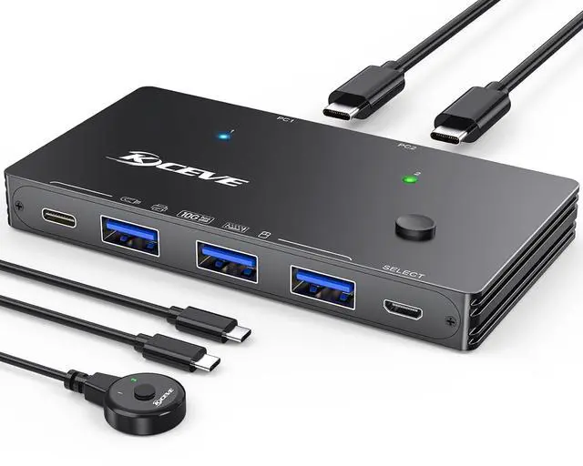 Main image of 10Gbps USB 3.2 Switch 2 Computers Share 1 USBC & 3 USBA Devices, MLEEDA USB Switch Selector for PC Laptop Keyboard Mouse Portable SSD, USB Switcher with 2 USBC Data Cables and Wired Remote