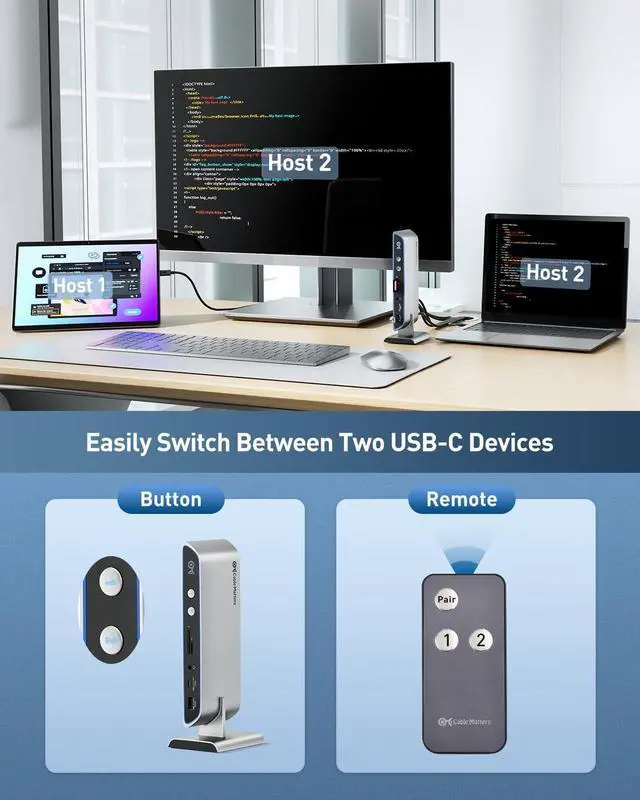 Alt view image 6 of 7 - Cable Matters 14-in-1 Dual 4K 60Hz USB C KVM Switch Dock for 2 Computers, Up to 100W Charging, DisplayPort & HDMI, 10Gbps USB-A/C Port, Thunderbolt 4 Compatible for MacBook Pro (Desktop Not Supported)
