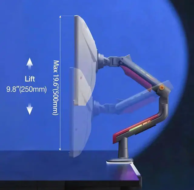 Alt view image 3 of 7 - RGB Gaming Monitor-Arm for Flat/Ultrawide/Curved Monitors 32 to 60 inch, Heavy Duty Stand Load up to 20 kg, VESA 75/100 mm Monitor-Mount