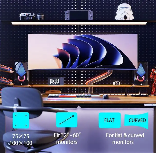 Alt view image 2 of 7 - RGB Gaming Monitor-Arm for Flat/Ultrawide/Curved Monitors 32 to 60 inch, Heavy Duty Stand Load up to 20 kg, VESA 75/100 mm Monitor-Mount