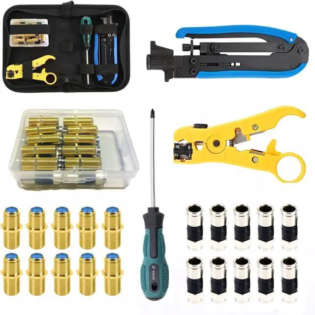Main image of Coax Cable Crimper Tool Kit, Coaxial Compression Tool for rg6 rg59 rg11, Wire Stripper, 10pcs RG6 F Male and Female Connectors, Screwdriver