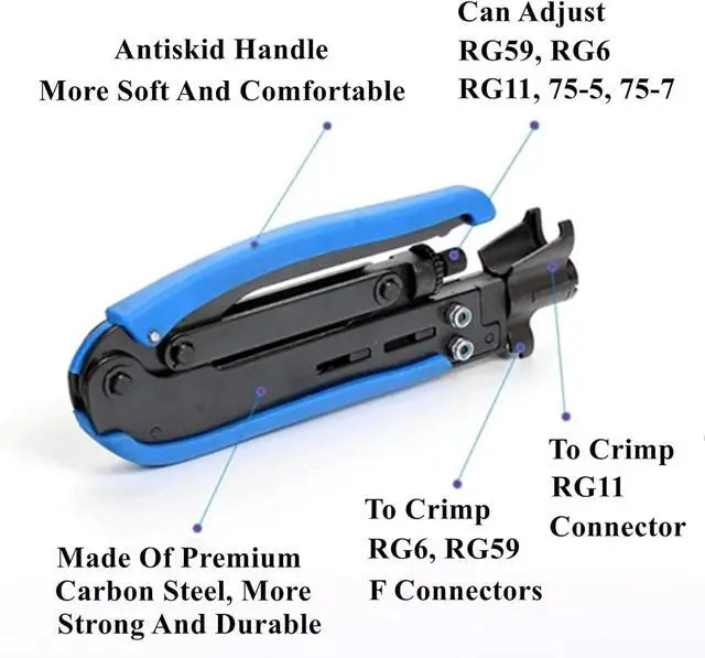 Alt view image 2 of 5 - Coax Cable Crimper Tool Kit, Coaxial Compression Tool for rg6 rg59 rg11 with 1 Wire Stripper, 10pcs F Male rg6 Connectors And 10pcs Female to Female rg6 Connectors, 1 Screwdriver