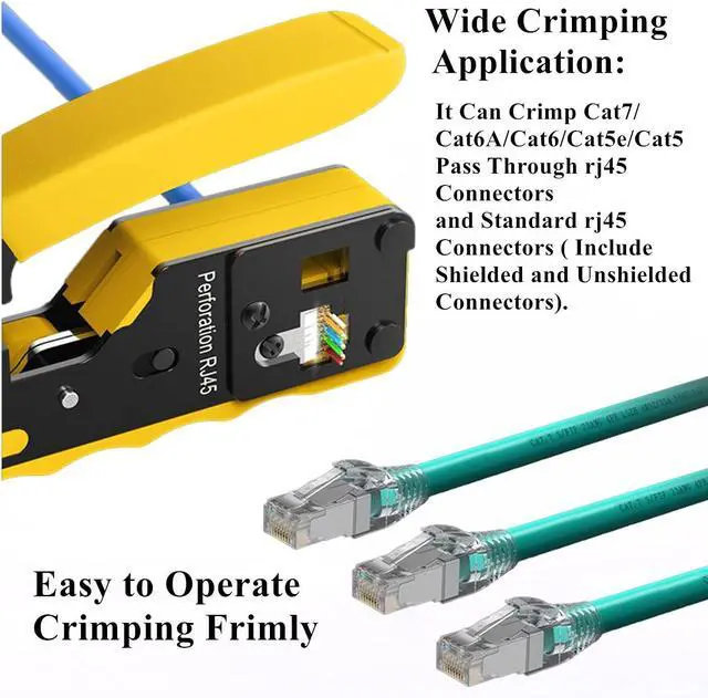 Alt view image 3 of 7 - RJ45 Crimp Tool Kit, Pass Through Cat7 Cat6A Cat6 Cat5e Cat5 rj45 Crimping Tool with 10PCS Cat7 Shielded Connectors 10PCS Covers 20PCS Cat6 Pass Through Connectors 20PCS Covers Network Tester
