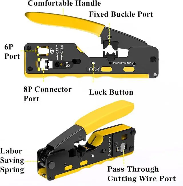 Alt view image 2 of 7 - RJ45 Crimp Tool Kit, Pass Through Cat7 Cat6A Cat6 Cat5e Cat5 rj45 Crimping Tool with 10PCS Cat7 Shielded Connectors 10PCS Covers 20PCS Cat6 Pass Through Connectors 20PCS Covers Network Tester