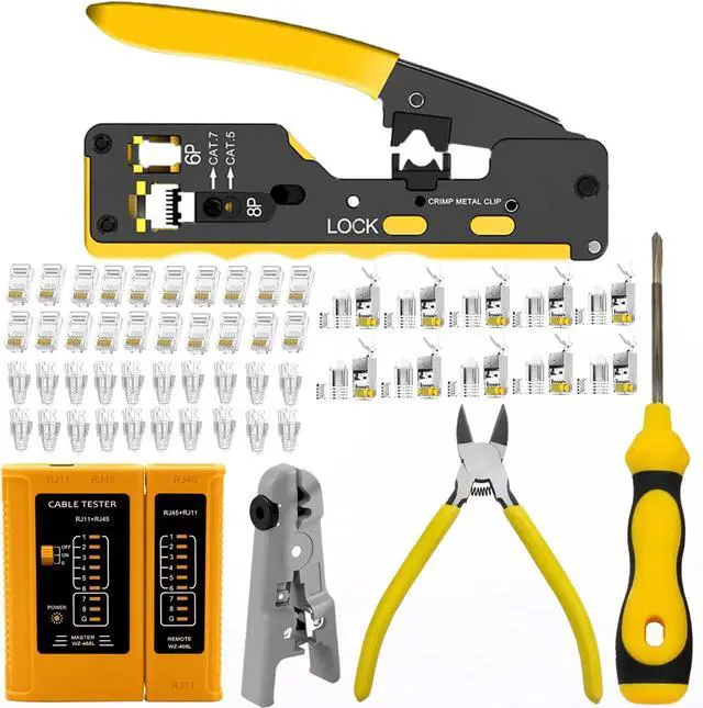 Main image of RJ45 Crimp Tool Kit, Pass Through Cat7 Cat6A Cat6 Cat5e Cat5 rj45 Crimping Tool with 10PCS Cat7 Shielded Connectors 10PCS Covers 20PCS Cat6 Pass Through Connectors 20PCS Covers Network Tester