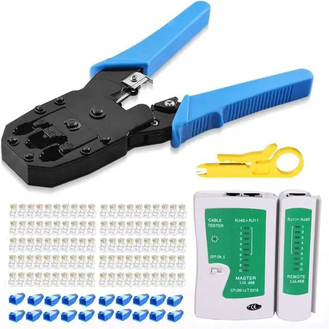 Main image of RJ45 Crimp Tool Kit, Cat5 Cat5e Crimping Tool with 100pcs rj45 Cat5 Connectors, 20pcs rj45 Cat5e Connector Covers, Cable Tester, Network Wire Stripper