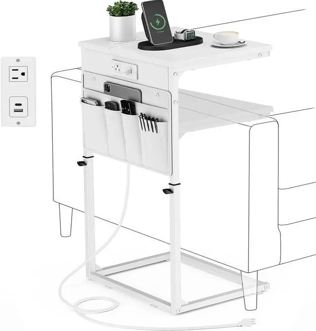 Main image of C Shaped End Table with Charging Station, Adjustable Height Side Table for Couch, Small Sofa Table Laptop Couch Desk, Slide Under Sofa TV Tray Tall Arm C Tables for Living Room Bedroom, White