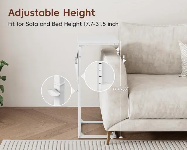 Alt view image 4 of 7 - C Shaped End Table with Charging Station, Adjustable Height Side Table for Couch, Small Sofa Table Laptop Couch Desk, Slide Under Sofa TV Tray Tall Arm C Tables for Living Room Bedroom, White