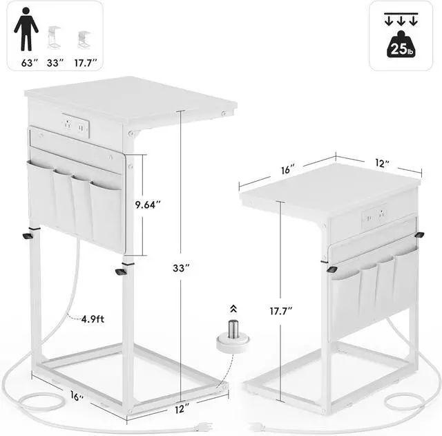 Alt view image 2 of 7 - C Shaped End Table with Charging Station, Adjustable Height Side Table for Couch, Small Sofa Table Laptop Couch Desk, Slide Under Sofa TV Tray Tall Arm C Tables for Living Room Bedroom, White