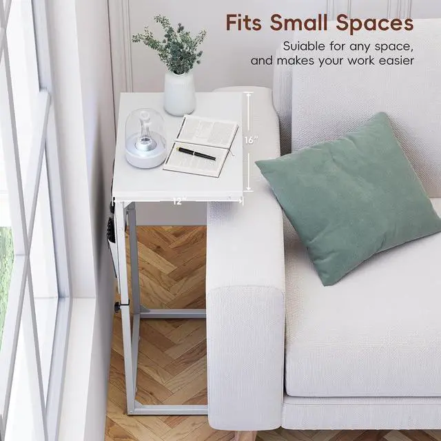 Alt view image 3 of 7 - C Shaped End Table with Charging Station, Adjustable Height Side Table for Couch, Small Sofa Table Laptop Couch Desk, Slide Under Sofa TV Tray Tall Arm C Tables for Living Room Bedroom, White