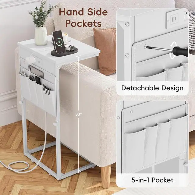 Alt view image 5 of 7 - C Shaped End Table with Charging Station, Adjustable Height Side Table for Couch, Small Sofa Table Laptop Couch Desk, Slide Under Sofa TV Tray Tall Arm C Tables for Living Room Bedroom, White