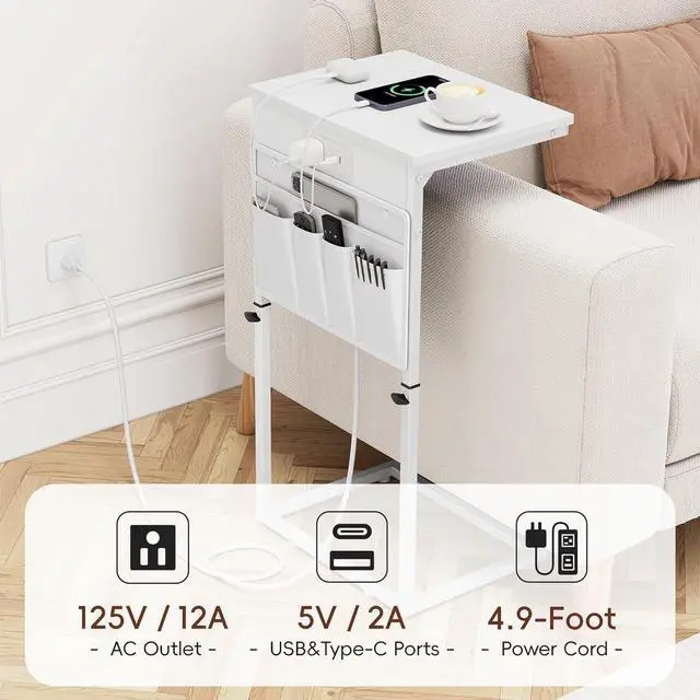 Alt view image 6 of 7 - C Shaped End Table with Charging Station, Adjustable Height Side Table for Couch, Small Sofa Table Laptop Couch Desk, Slide Under Sofa TV Tray Tall Arm C Tables for Living Room Bedroom, White