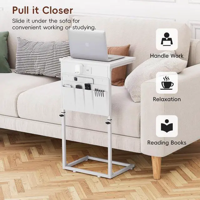 Alt view image 7 of 7 - C Shaped End Table with Charging Station, Adjustable Height Side Table for Couch, Small Sofa Table Laptop Couch Desk, Slide Under Sofa TV Tray Tall Arm C Tables for Living Room Bedroom, White