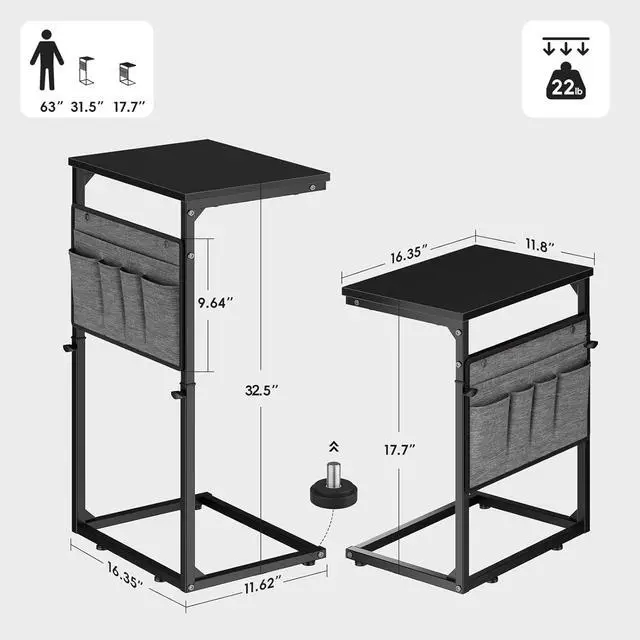 Alt view image 2 of 6 - C Shaped End Table, 33'' Tall Side Table for Couch, Adjustable Height Small Couch Side Table for Small Spaces, End Table Slide Under Sofa Table TV Tray with Metal Frame for Living Room, Black