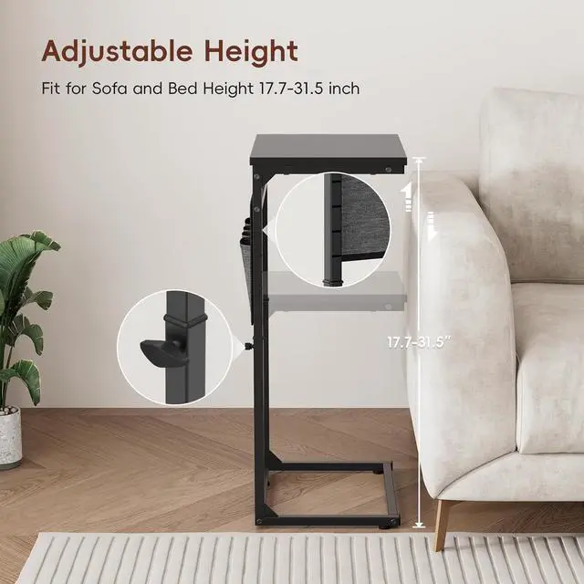 Alt view image 4 of 6 - C Shaped End Table, 33'' Tall Side Table for Couch, Adjustable Height Small Couch Side Table for Small Spaces, End Table Slide Under Sofa Table TV Tray with Metal Frame for Living Room, Black