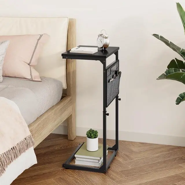 Alt view image 5 of 6 - C Shaped End Table, 33'' Tall Side Table for Couch, Adjustable Height Small Couch Side Table for Small Spaces, End Table Slide Under Sofa Table TV Tray with Metal Frame for Living Room, Black