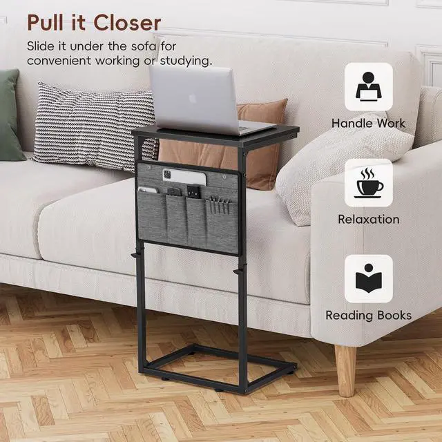 Alt view image 3 of 6 - C Shaped End Table, 33'' Tall Side Table for Couch, Adjustable Height Small Couch Side Table for Small Spaces, End Table Slide Under Sofa Table TV Tray with Metal Frame for Living Room, Black