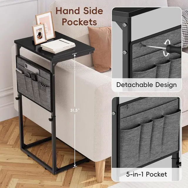 Alt view image 6 of 6 - C Shaped End Table, 33'' Tall Side Table for Couch, Adjustable Height Small Couch Side Table for Small Spaces, End Table Slide Under Sofa Table TV Tray with Metal Frame for Living Room, Black