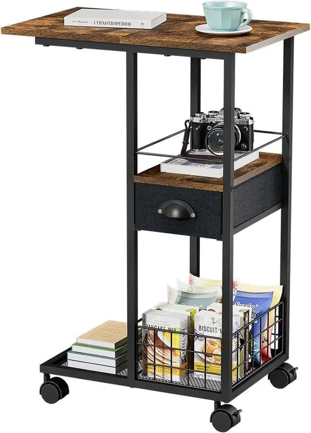 Main image of C Shaped Sofa Side Table: Couch End Table with Drawer - Bedside Table with Wheels - 19.7''L x 11.8''W x 28''H - C Mobile Tables with Storage Basket for Living Room Bedroom