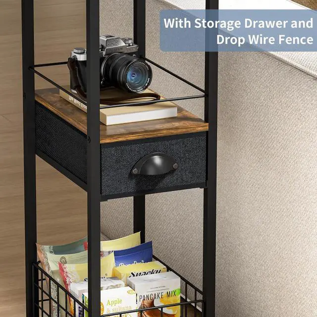 Alt view image 4 of 6 - C Shaped Sofa Side Table: Couch End Table with Drawer - Bedside Table with Wheels - 19.7''L x 11.8''W x 28''H - C Mobile Tables with Storage Basket for Living Room Bedroom