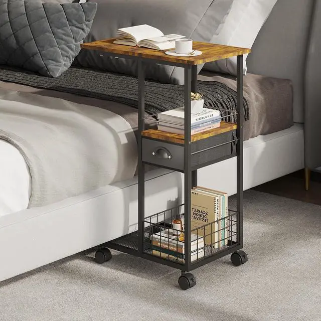 Alt view image 2 of 6 - C Shaped Sofa Side Table: Couch End Table with Drawer - Bedside Table with Wheels - 19.7''L x 11.8''W x 28''H - C Mobile Tables with Storage Basket for Living Room Bedroom