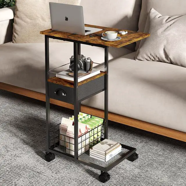 Alt view image 5 of 6 - C Shaped Sofa Side Table: Couch End Table with Drawer - Bedside Table with Wheels - 19.7''L x 11.8''W x 28''H - C Mobile Tables with Storage Basket for Living Room Bedroom