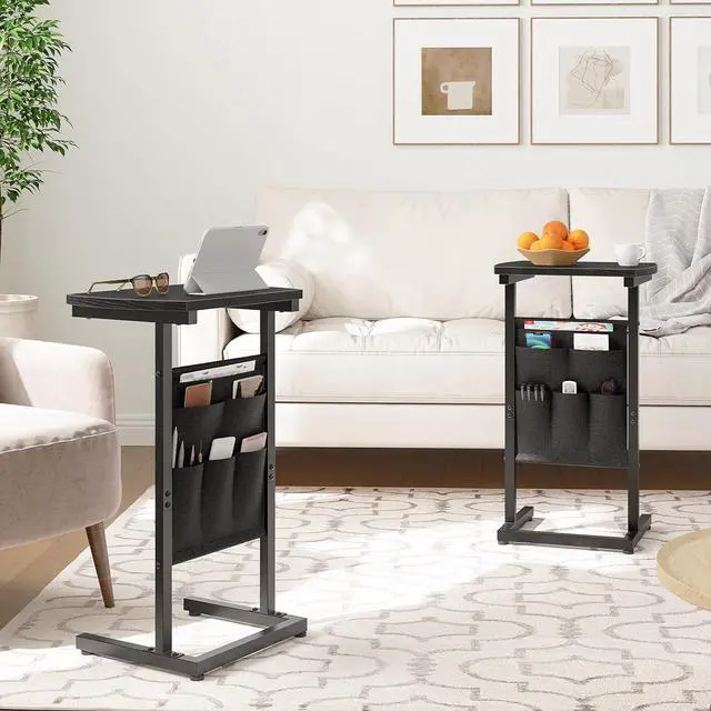 Alt view image 2 of 6 - C Shaped End Table with Storage Bag, 28.3" Tall Small Side Table for Couch, Slide Under Sofa, TV Tray for Small Place, Sturdy Frame, Living Room, Bedroom, Black