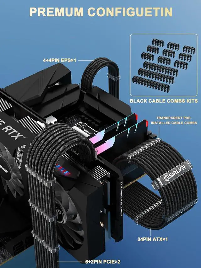 Alt view image 7 of 7 - PSU Cable Extension Kit Customed PC Power Supply Extend Mod 16AWG with 24 Pin ATX × 1/8 Pin EPS × 1/ Gold-Plated 8Pin Pcie × 2,Soft Nylon Braided Black