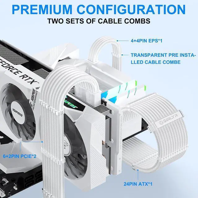 Alt view image 5 of 7 - PSU Cable Extension Kit, Sleeved PC Cables Extensions Mod,24Pin ATX x1 8Pin EPS x1 8 Pin PCI-E x2,Gold-Plated Pins for GPU Power Supply with Pre-Install Cable Combs,4 Kits