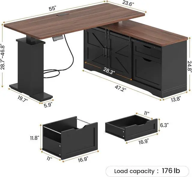 Alt view image 2 of 7 - Farmhouse L Shaped Standing Desk, 55 inch Height Adjustable Corner Desk with Storage Drawers, Standing Computer Desks with Power Outlets for Home Office, Black