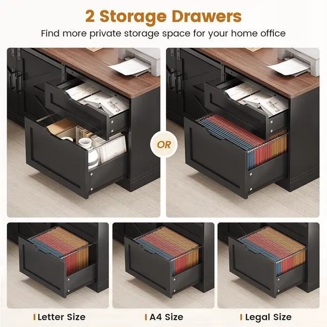 Alt view image 5 of 7 - Farmhouse L Shaped Standing Desk, 55 inch Height Adjustable Corner Desk with Storage Drawers, Standing Computer Desks with Power Outlets for Home Office, Black