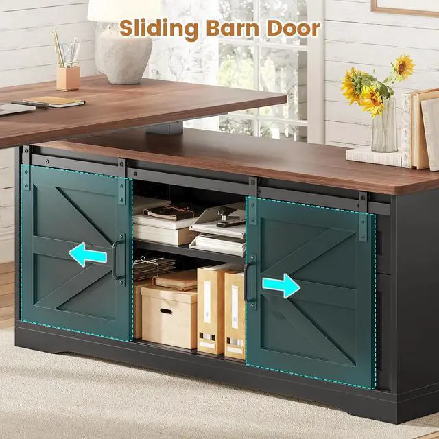 Alt view image 7 of 7 - Farmhouse L Shaped Standing Desk, 55 inch Height Adjustable Corner Desk with Storage Drawers, Standing Computer Desks with Power Outlets for Home Office, Black