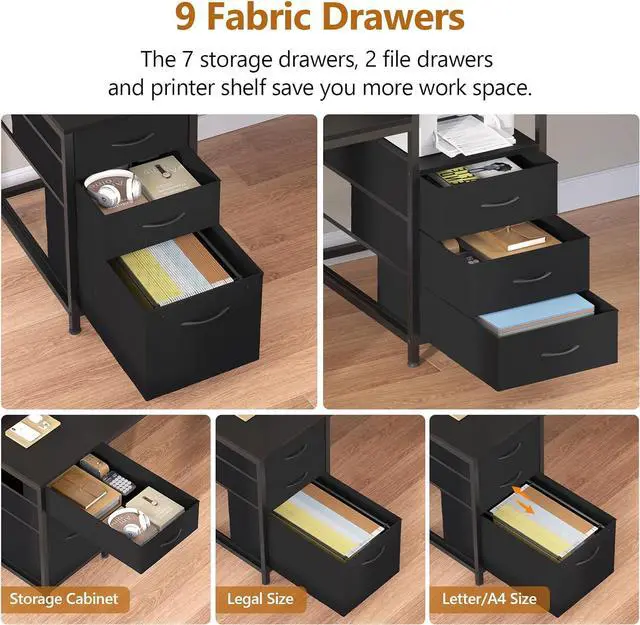 Alt view image 4 of 7 - 98.4" Long Computer Desk with 9 Drawers, 2 Person Gaming Desk with LED Lights & Power Outlet, Two Person Home Office Desk with Storage, Printer Shelf & Monitor Stand, Black