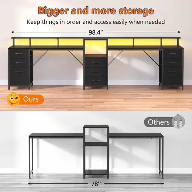 Alt view image 7 of 7 - 98.4" Long Computer Desk with 9 Drawers, 2 Person Gaming Desk with LED Lights & Power Outlet, Two Person Home Office Desk with Storage, Printer Shelf & Monitor Stand, Black