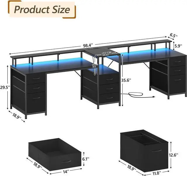 Alt view image 2 of 7 - 98.4" Long Computer Desk with 9 Drawers, 2 Person Gaming Desk with LED Lights & Power Outlet, Two Person Home Office Desk with Storage, Printer Shelf & Monitor Stand, Black