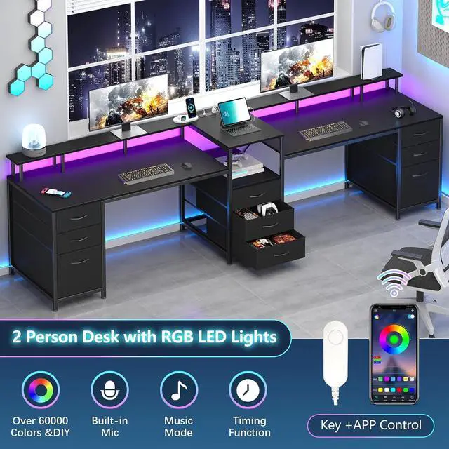 Alt view image 6 of 7 - 98.4" Long Computer Desk with 9 Drawers, 2 Person Gaming Desk with LED Lights & Power Outlet, Two Person Home Office Desk with Storage, Printer Shelf & Monitor Stand, Black