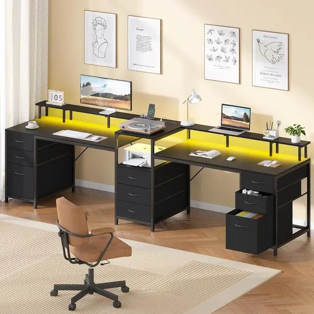 Alt view image 3 of 7 - 98.4" Long Computer Desk with 9 Drawers, 2 Person Gaming Desk with LED Lights & Power Outlet, Two Person Home Office Desk with Storage, Printer Shelf & Monitor Stand, Black