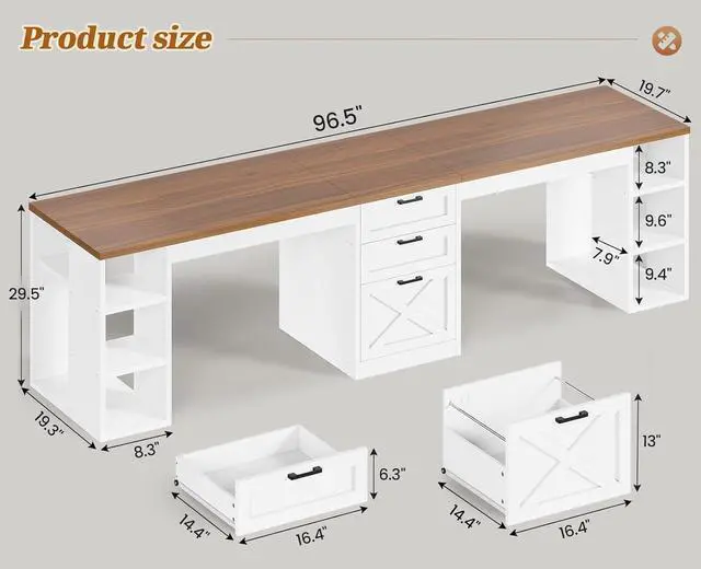 Alt view image 2 of 6 - Farmhouse 96.5" Computer Desk with Drawers, 2 Person Home Office Desk, Gaming Double Desk with Storage Shelves, Long Two Person Writing Desk, White and Brown