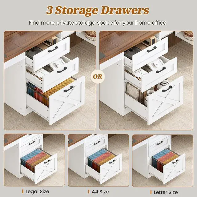 Alt view image 4 of 6 - Farmhouse 96.5" Computer Desk with Drawers, 2 Person Home Office Desk, Gaming Double Desk with Storage Shelves, Long Two Person Writing Desk, White and Brown