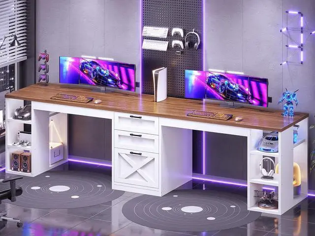 Alt view image 3 of 6 - Farmhouse 96.5" Computer Desk with Drawers, 2 Person Home Office Desk, Gaming Double Desk with Storage Shelves, Long Two Person Writing Desk, White and Brown
